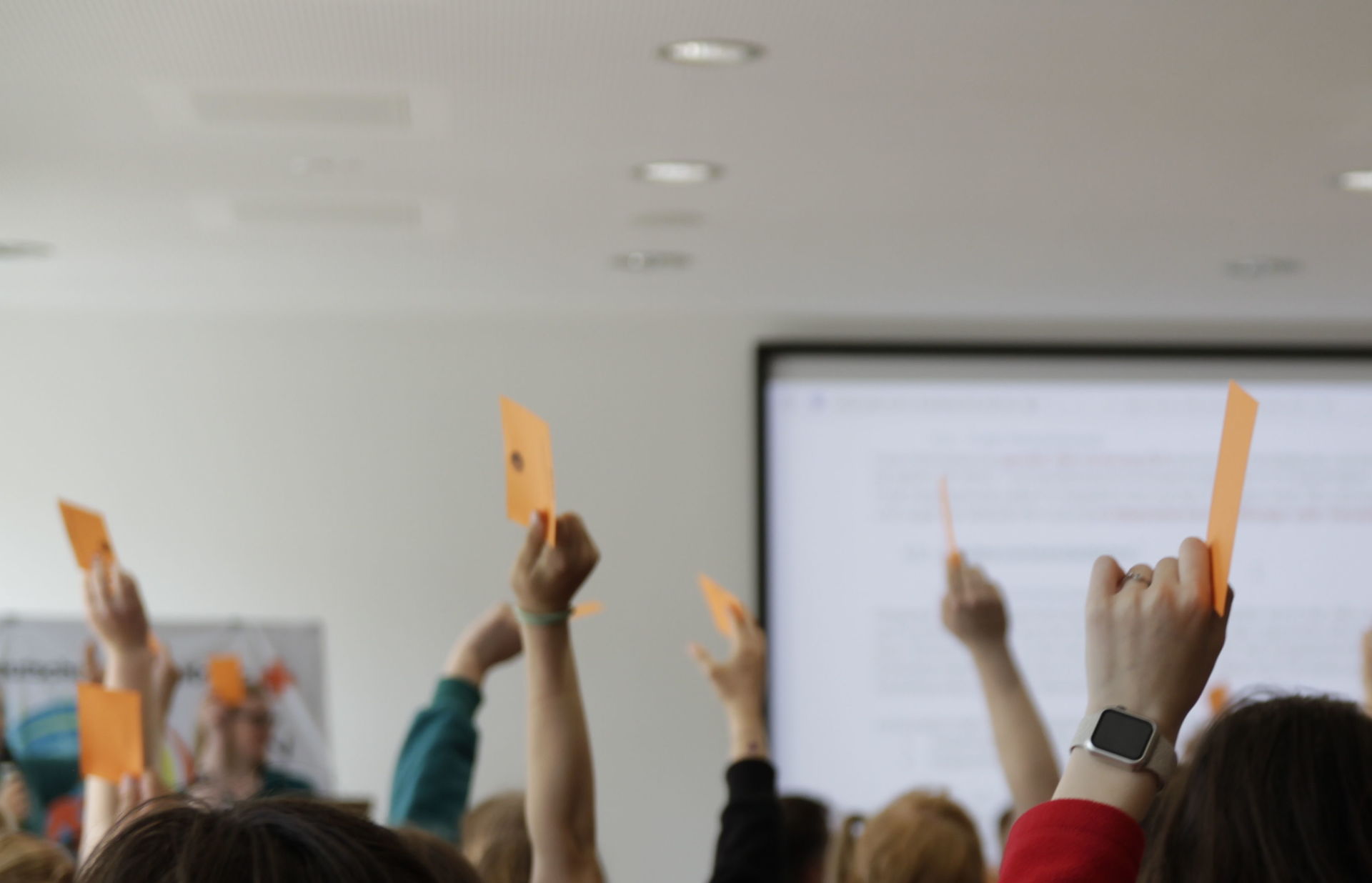 Menschen halten zur Abstimmung Karten in die Luft
