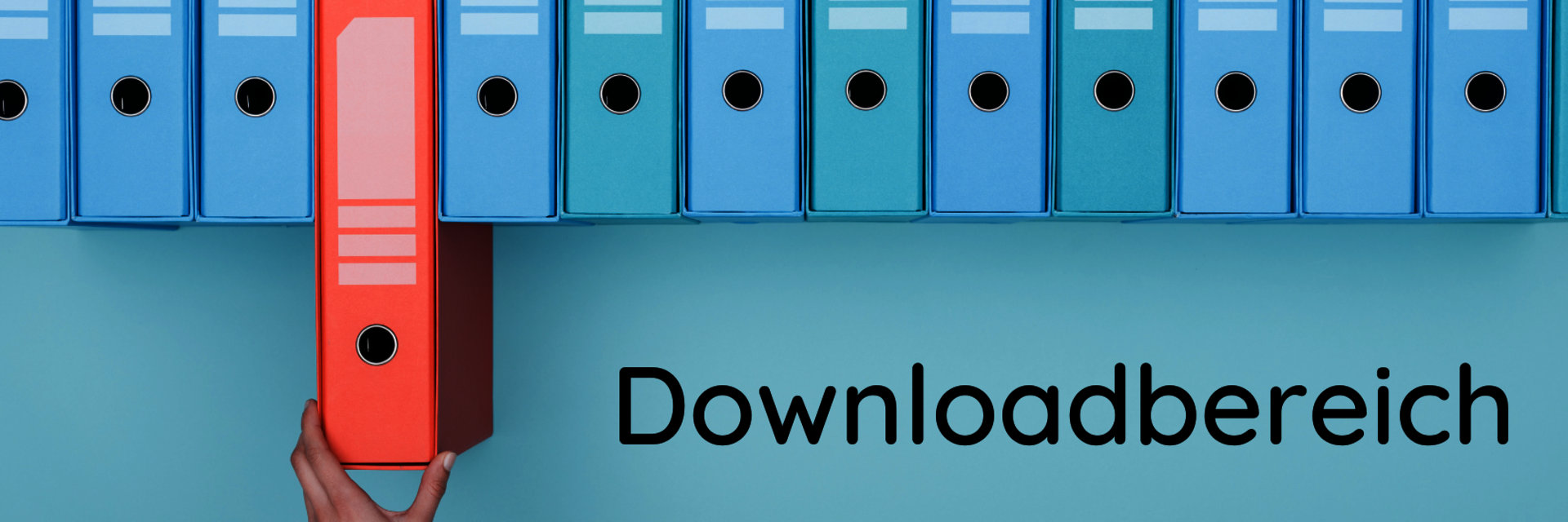 eine Hand zieht aus einer Reihe blauer Aktenordner einen roten Ordner heraus. Daneben Text: Downloadbereich