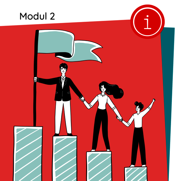 Illustration von drei Personen, die auf ansteigenden Balken stehen und sich an den Händen halten. Die Person auf dem höchsten Balken hält eine Fahne. Oben rechts befindet sich ein roter Kreis mit einem Informationssymbol.
