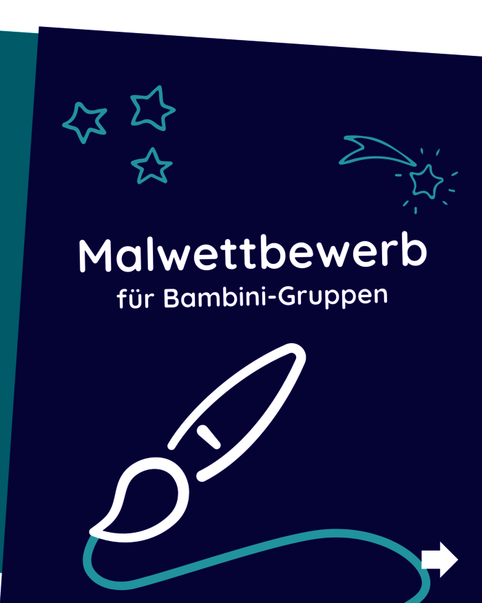 Grafik: Ein Pinsel malt eine Linie. Text: Malwettbewerb für Bambini-Gruppen