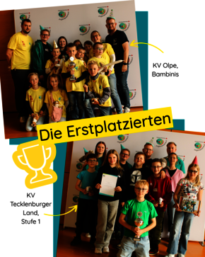 Gruppenfotos der Gruppen, die beim Landeswettbewerb die ersten Plätze belegt haben