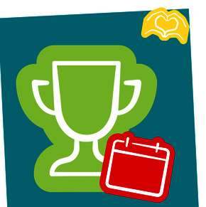 Icons von einem Pokal und einem Kalender sowie zwei Händen, die ein Herz formen.